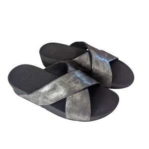 FitFlop Lulu Cross Slide Sandals Metallic Silver Black K59-547 Womens 8